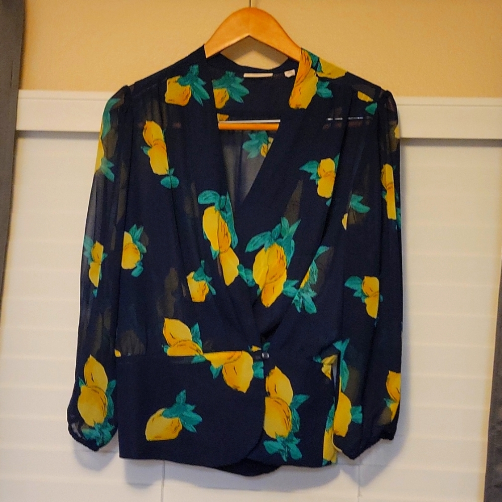 NY&Co Eva Mendes Blue Lemon Print Blouse